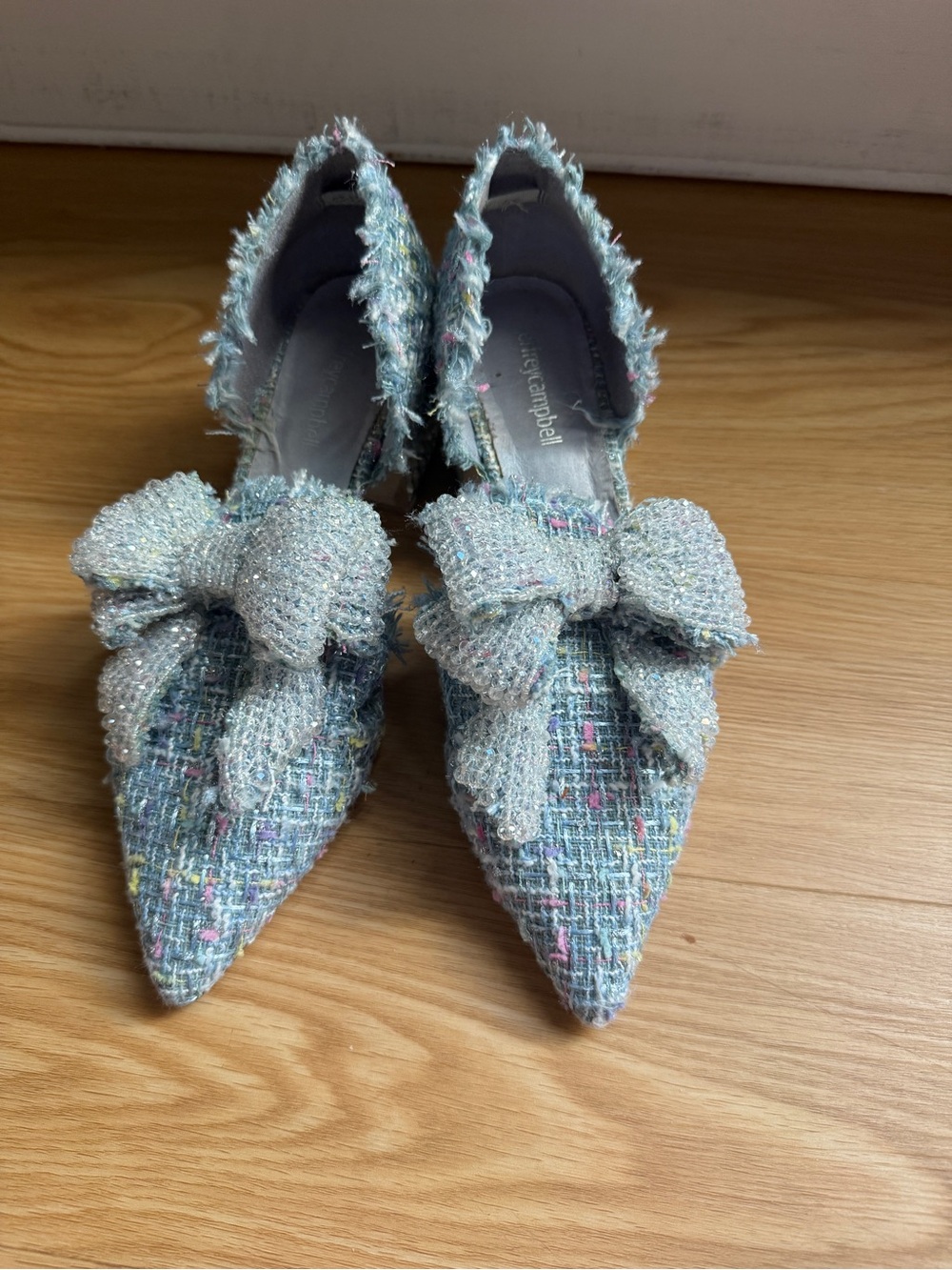 Jeffrey Campbell Tweed Bow Pumps Blue Multi Pointed Toe Heels Size 8.5